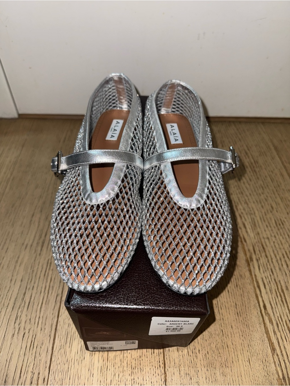 ALAÏA Metallic Mesh Mary Jane Ballerina Flats 38.5